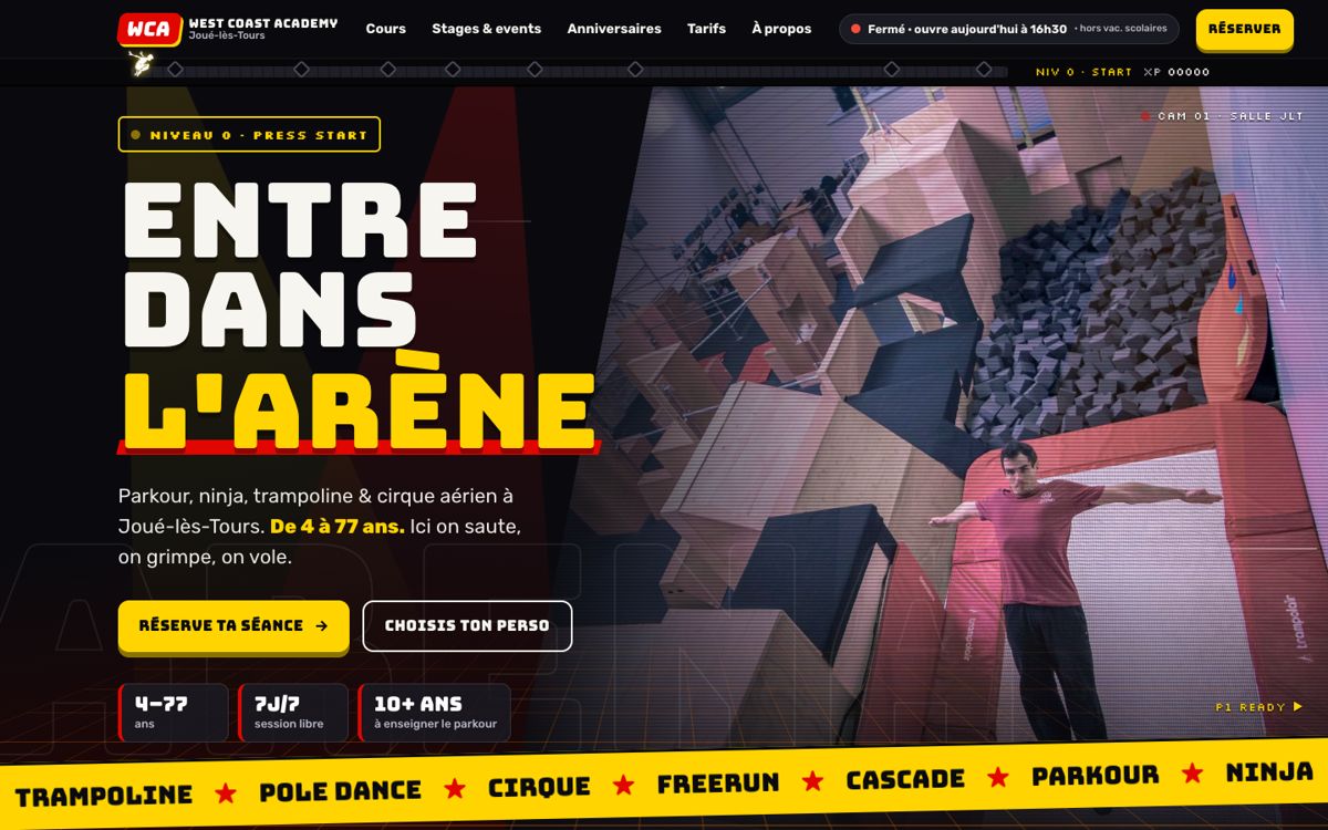 Maquette Ninja Arena : la page comme un parcours de jeu vidéo