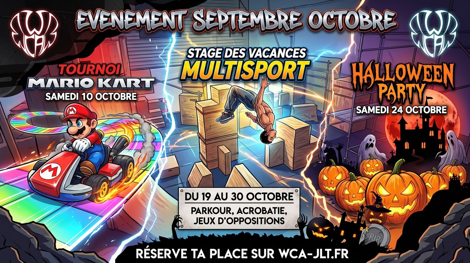 Flyer des événements de septembre et octobre : tournoi Mario Kart le samedi 10 octobre, stage multisport du 19 au 30 octobre, Halloween Party le samedi 24 octobre