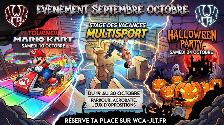 Flyer des événements de septembre et octobre : tournoi Mario Kart, stage multisport, Halloween Party